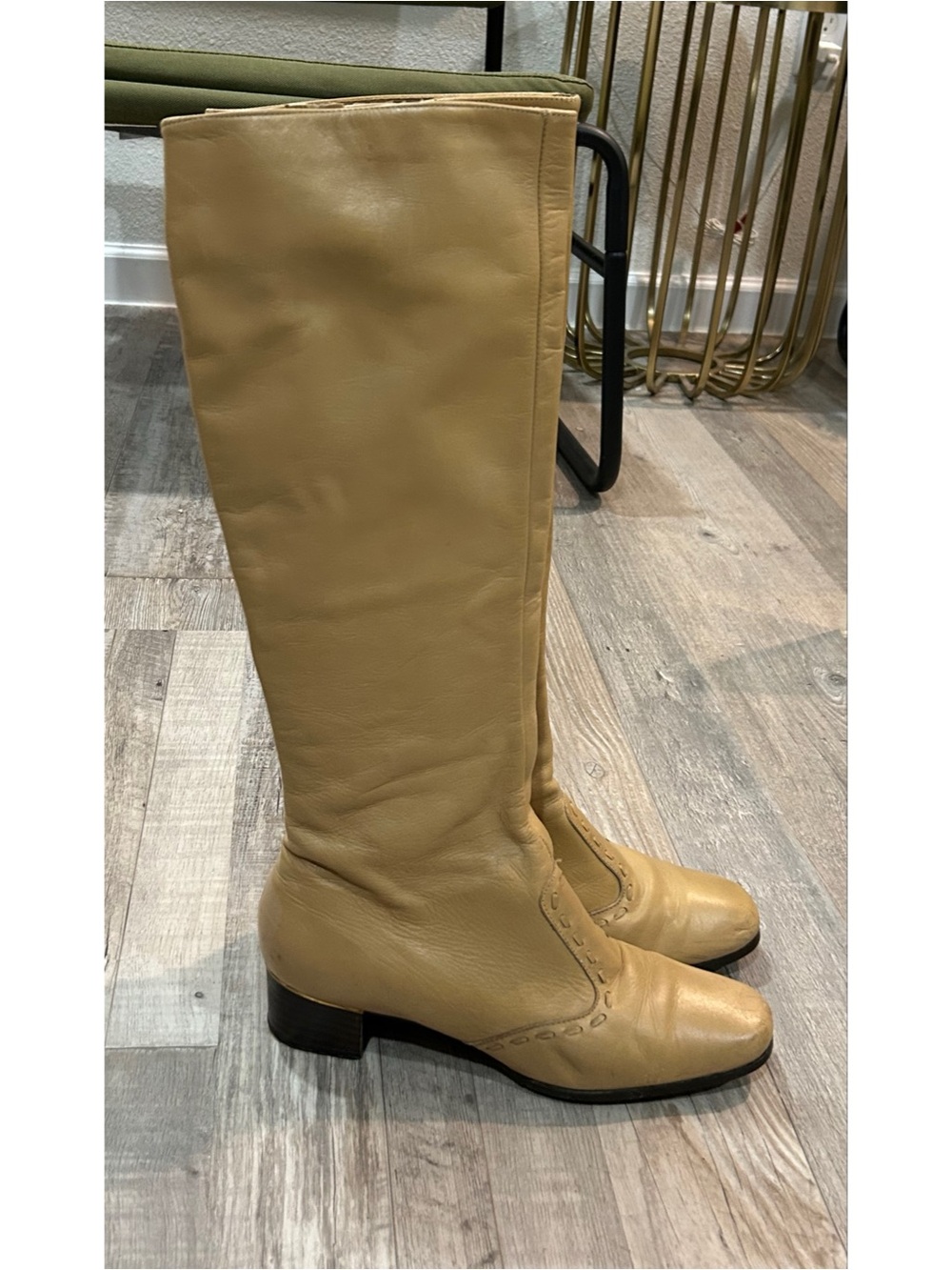 Vintage Selby Women’s Knee High Leather Boots Sz 8.5 Cream Top Stitch Victorian